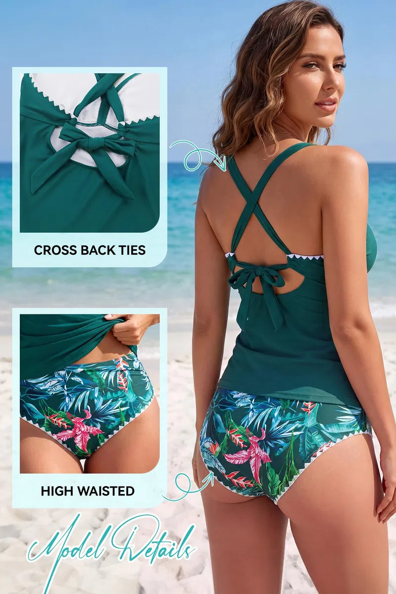SHEKINI Costume da bagno da donna, tankini con scollo a V, costume da bagno push up, costume da bagno estivo in due pezzi con pantaloncini da bagno