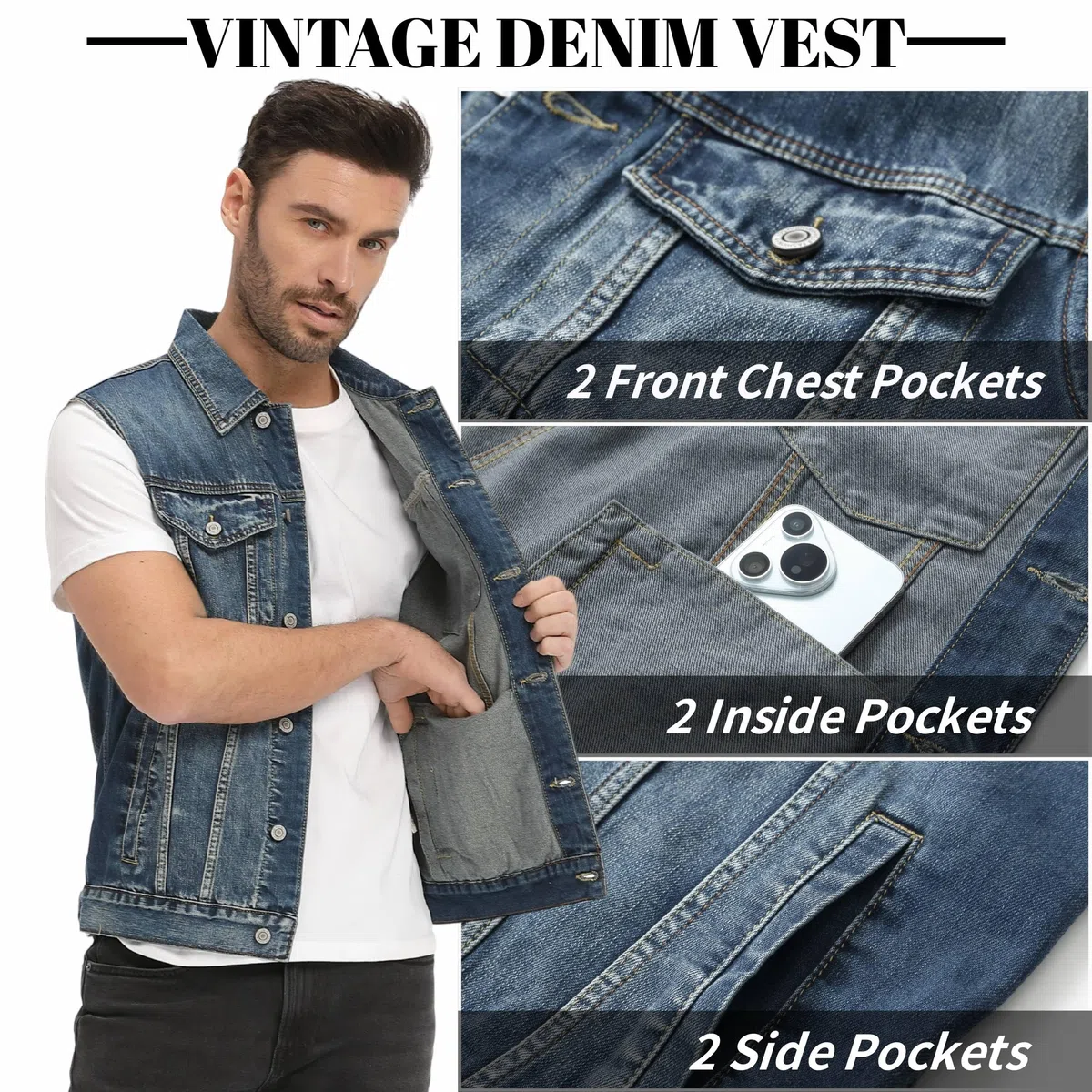 Gilet di Jeans da Uomo Cotone Cowboy Giubbino in Denim Vintage Senza Maniche Giacca con Bottone Slim Fit Moto Gilet Jeans