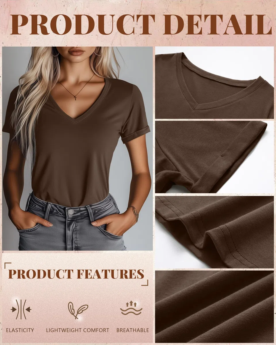 Ficerd - Confezione da 3 Magliette da Donna con Scollo a V, Top Estivi a Maniche Corte, vestibilità Ampia, Maniche Arrotolate