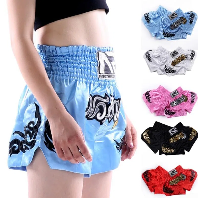 Zilimontt Pantaloncini da boxe, da donna, per kickboxing, MMA, Muay Thai, pantaloncini da allenamento per bambini, pantaloncini elastici in vita per kickboxing (L nero)