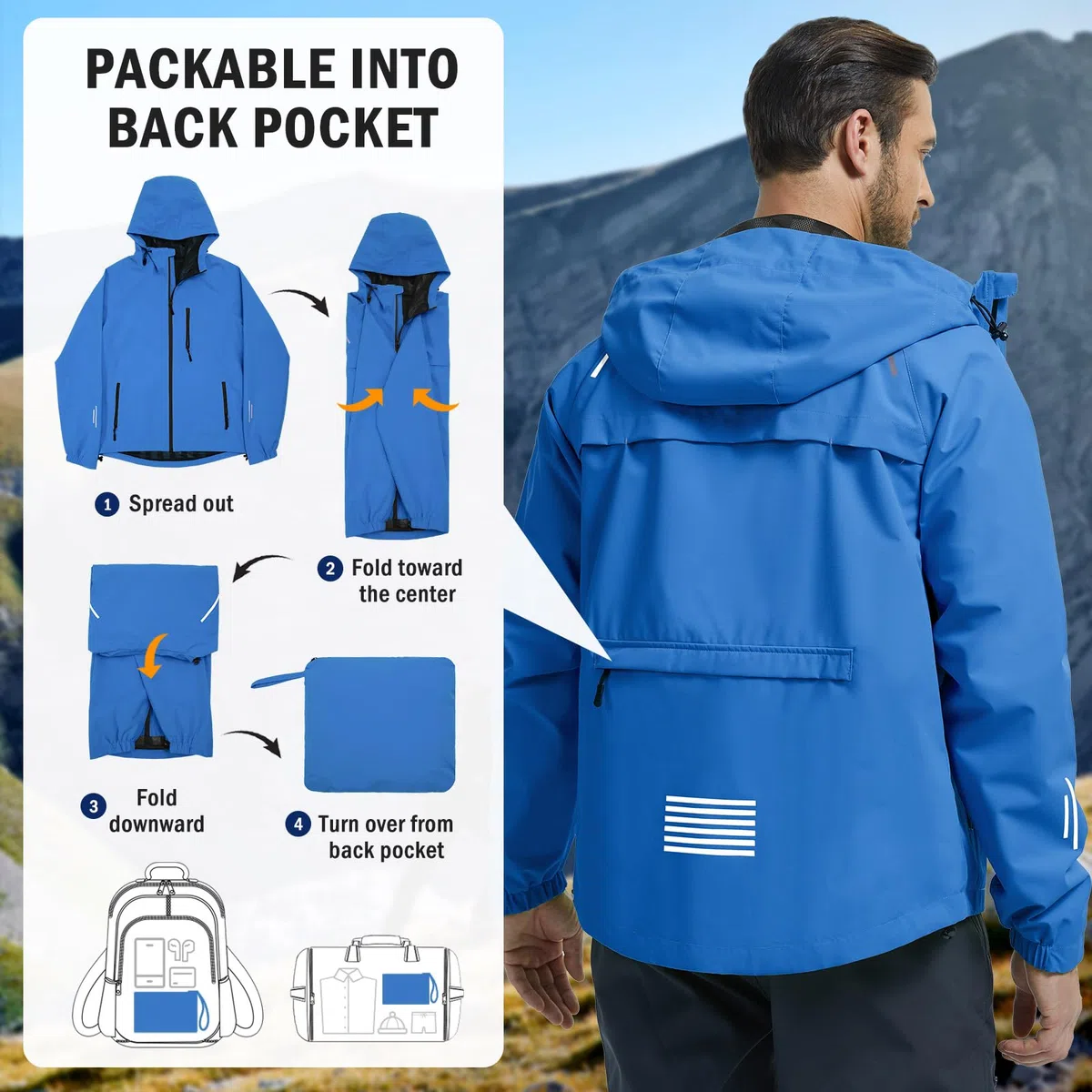 UMIPUBO Giacca Impermeabile Per Uomo Antipioggia Cappotto Da Pioggia All'aperto Resistente Al Vento Riflettente Respirante Leggera Pieghevole Con Cappuccio Per Corsa Trekking