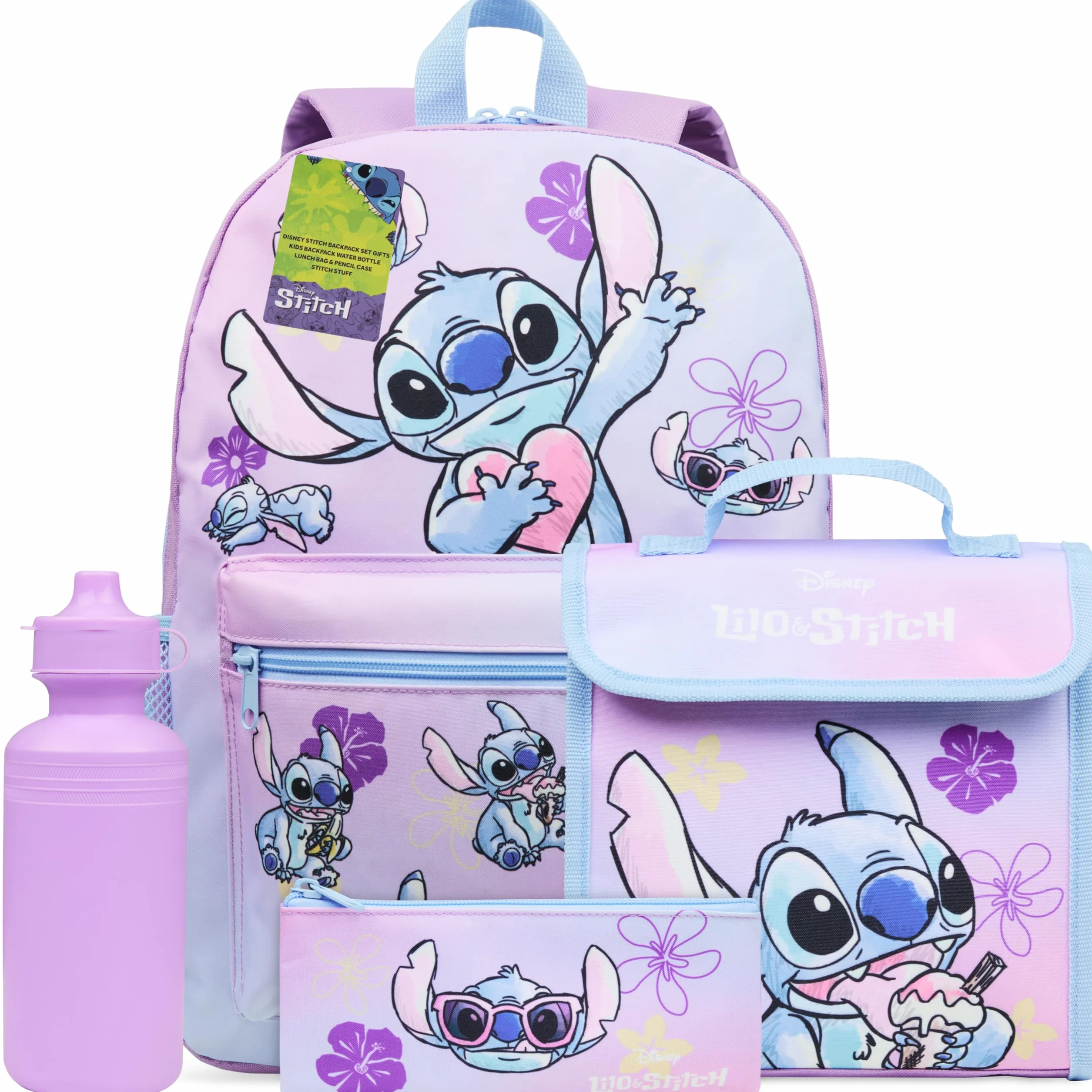 Disney Stitch Zainetto Bambina Ragazza Set 4 Pz con Borraccia Bambini Astuccio Scuola Borsa Portapranzo Accessori Scuola