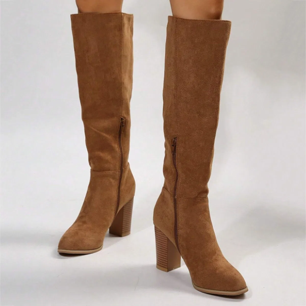 Stivali larghi da donna Slouchy con tacco a gambo lungo, stivali alti da cowboy, stivali da donna in pelle scamosciata