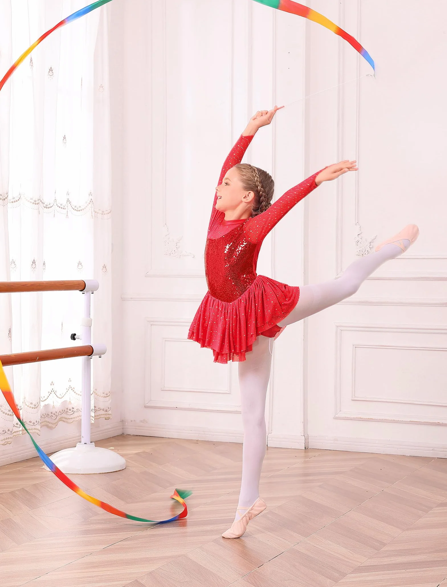 FYMNSI Vestito da pattinaggio artistico per ragazze con strass scintillanti a maniche lunghe in tulle con gonna body da ginnastica danza danza