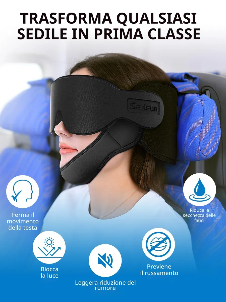 SARISUN Cuscino da Aereo, Cuscini da Viaggio per aerei con Maschera per Dormire, Cuscino da Aereo per voli Lunghi, Viaggio in Auto Poggiatesta, Stop Bobblehead, Combo con Cinturino per il Mento, Nero