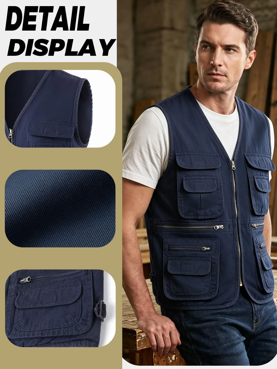 Gilet da Pesca di cotone da Uomo All'aperto con 10 Tasche Veste Leggero Traspirante Multitasche Panciotto per Caccia Pesca Tempo Libero Fotografi
