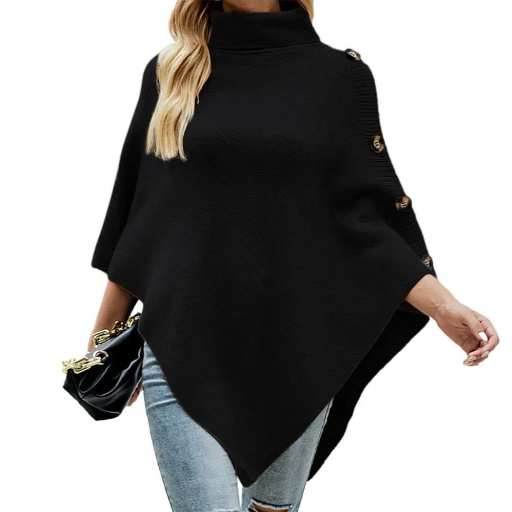 JFAN Maglia Donna Invernale Poncho a Collo Alto Quattro Bottoni Elegante