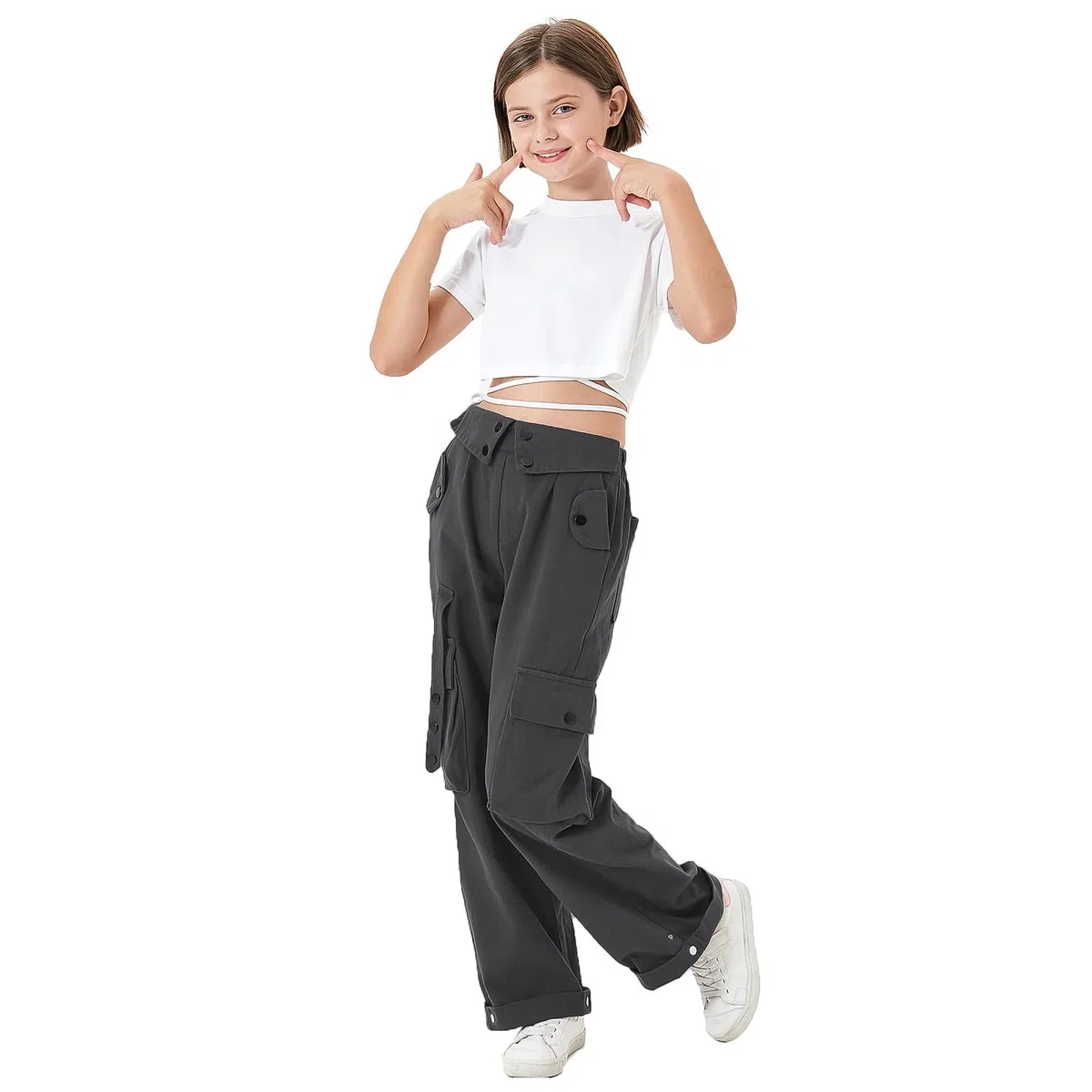 Rolanko Ragazze Pantaloni Cargo, Vita Alta Elastica con Tasche Multiple e Pantaloni a Gamba Larga per Bambini