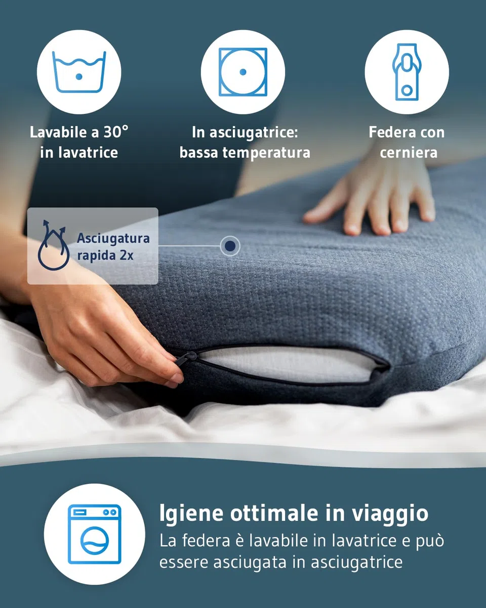 Cuscino da viaggio VOLAR QuickDry, cuscino ergonomico in memory foam per viaggi in aereo e in auto, piccolo cuscino con federa ad asciugatura rapida, cuscino da campeggio e viaggi 40x25 cm