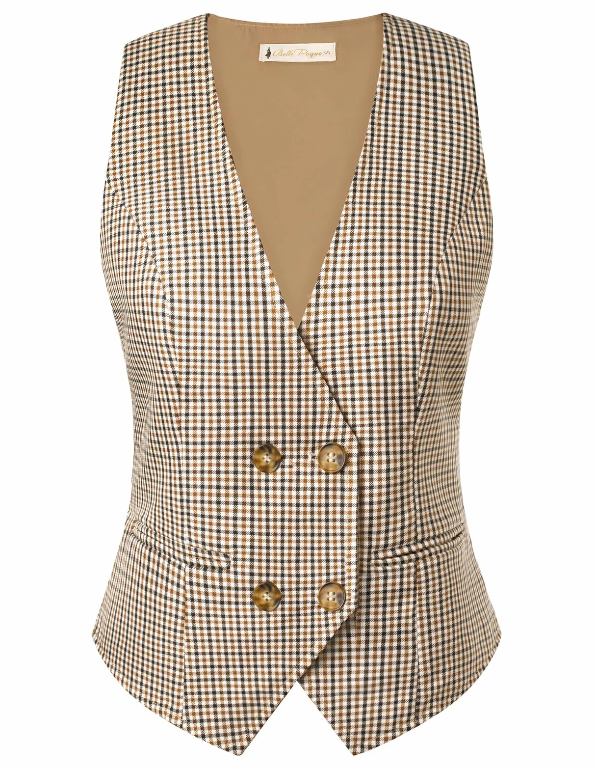 Belle Poque Gilet da donna vintage senza maniche con scollo a V, doppio petto, orlo fazzoletto con tasche