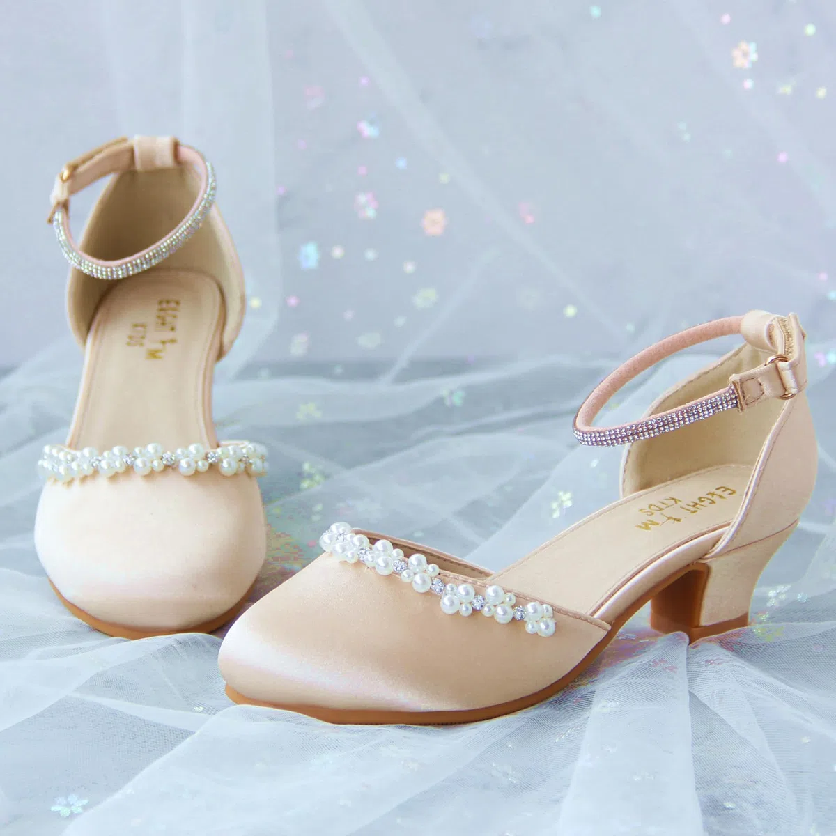EIGHT KM Scarpe Mary Jane con Tacco Alto da Ragazza Principessa per Matrimonio e Festa EKM7033 Seta Liscia Lucida perlacea