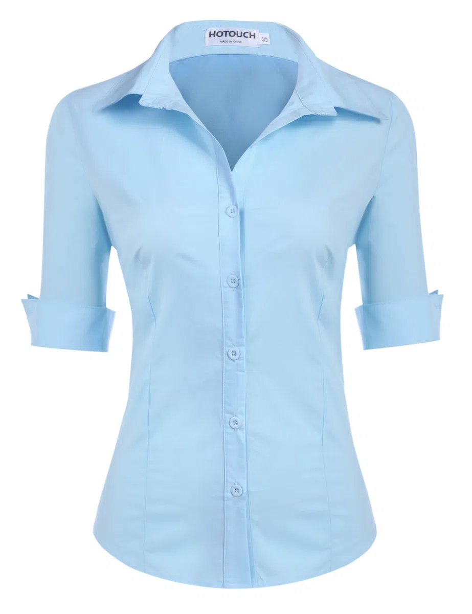 HOTOUCH Camicette da donna in cotone con maniche a 3/4, camicia da ufficio basic aderente camicetta con scollo a V a maniche corte top