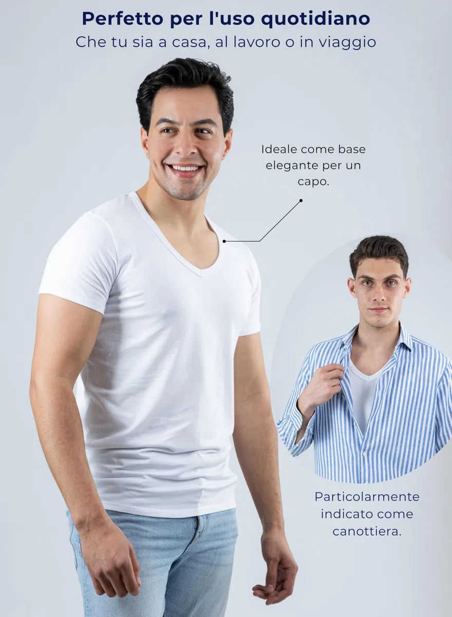 SKIPPER Confezione da 3 T-Shirt Uomo Stretch Scollo a V Profondo – Magliette Intime Slim Fit in Cotone Elasticizzato, Invisibili sotto la Camicia, Bianco Nero Beige e Mix, S–3XL