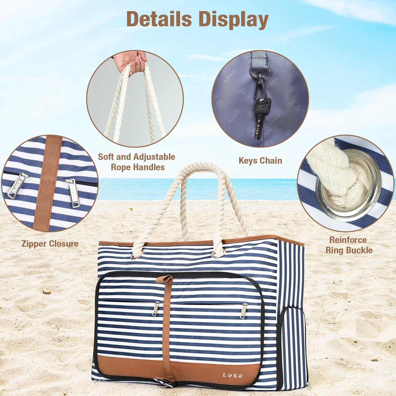 Borsa Spiaggia Donna Pieghevole, Borsa Mare Grande XXL Famiglia con Scomparto Scarpe Separato, Impermeabile Shopping Borsa Tote Bag con Cerniera per Spiaggia Viaggio Sportiva, Strisce