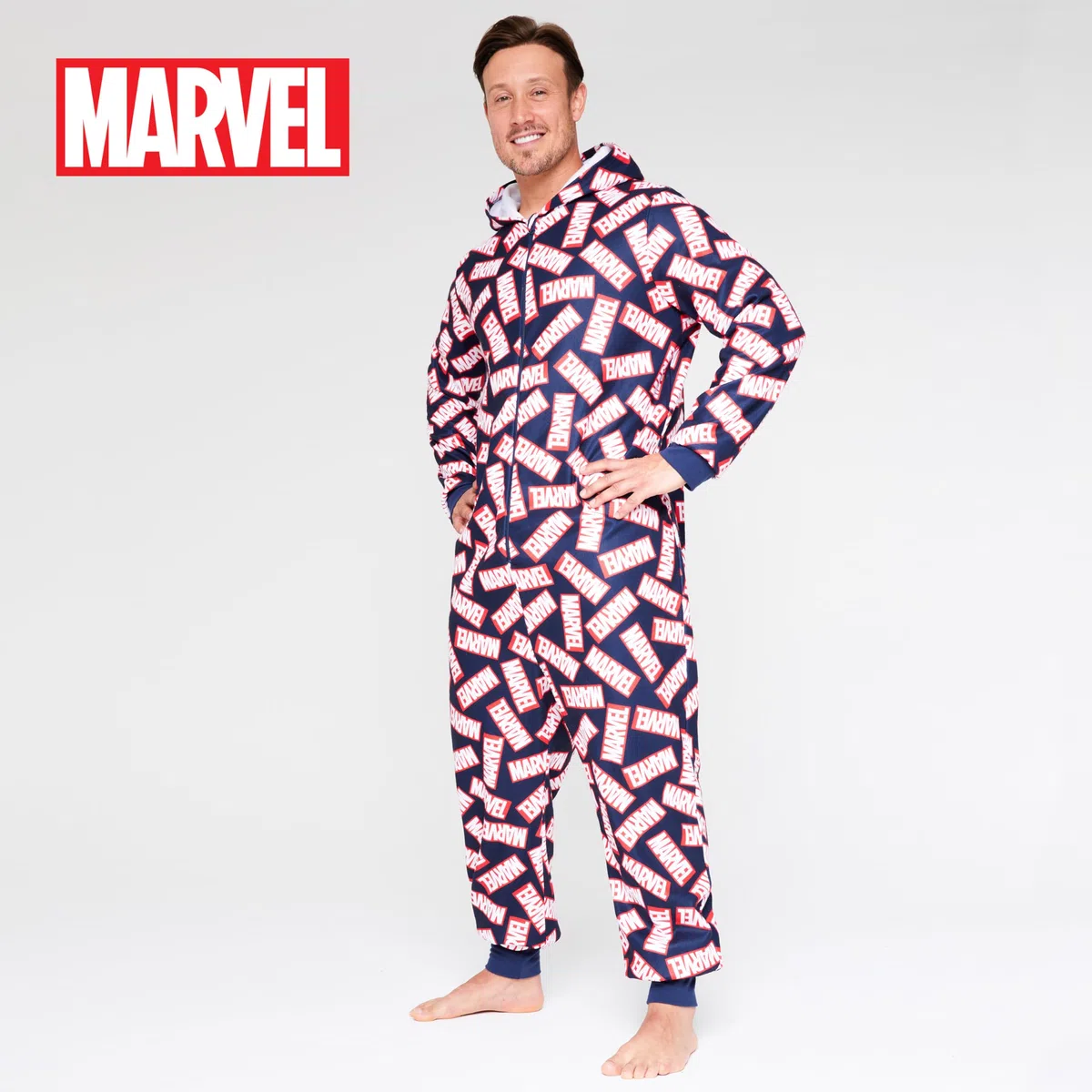 Marvel Pigiama Intero Uomo - Caldo Pigiamone in Pile con Cappuccio e Zip S-2XL - Pigiami Invernali Interi Avengers Gadget Regalo