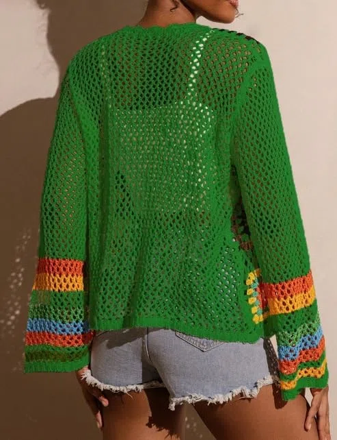 Cardigan Donna Estivo Cardigan all'Uncinetto con Fiori da Donna Lavorato A Mano Lavorato A Maglia Traforato Boho con Motivo Floreale Quadrato Leggero Estivo con Maniche Svasate Coprispall