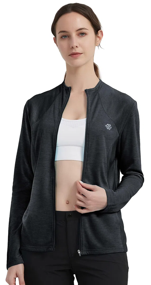 MoFiz Donna Giacca Leggera Manica Lunga Traspirante Slim Felpa Sportiva Senza Cappuccio Zip Intera Top da Tuta per Corsa Training Escursionismo con Tasche Grigio Scuro 3XL