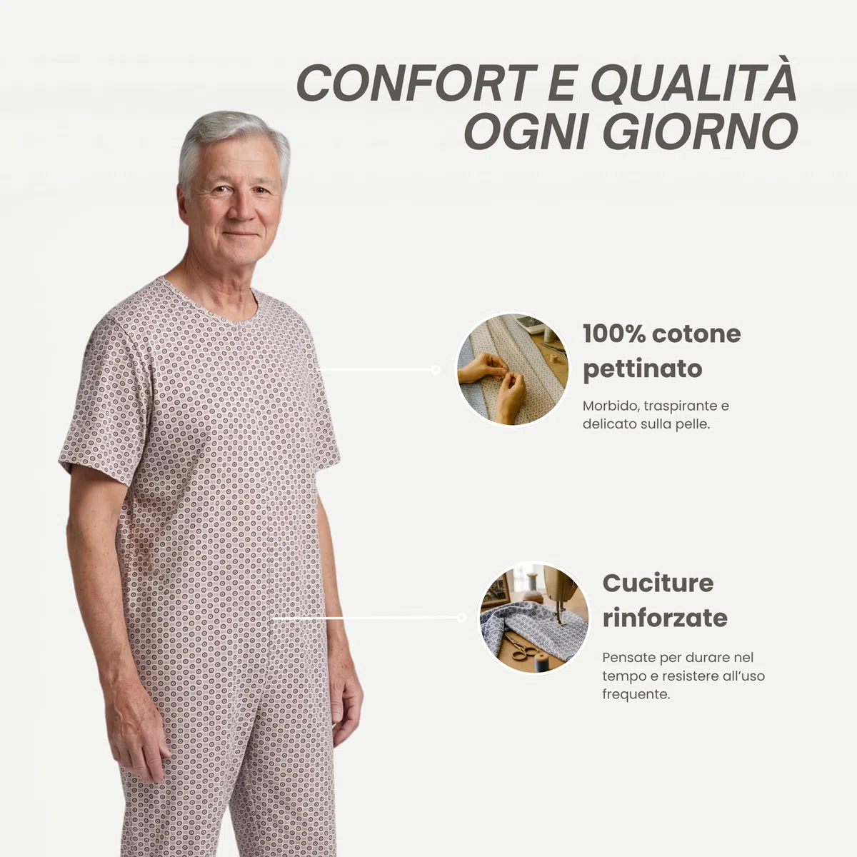 Pigiama Intero Donna Uomo Estivo Fresco manica corta Sanitario per Anziani con Cerniera Posteriore Intero in Cotone 100%