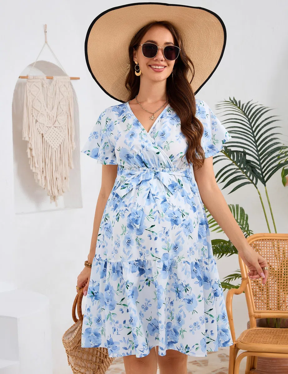 Yesfashion Abito premaman estivo da donna, con scollo a V, a maniche corte, elegante, per gravidanza, con cintura (confezione multipla)