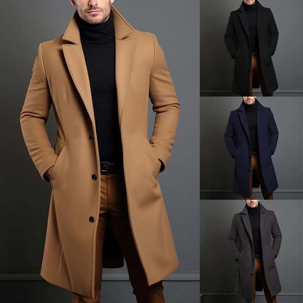 Cappotto da uomo nero di lusso, soprabito lungo e caldo a petto singolo (S Grigio scuro)