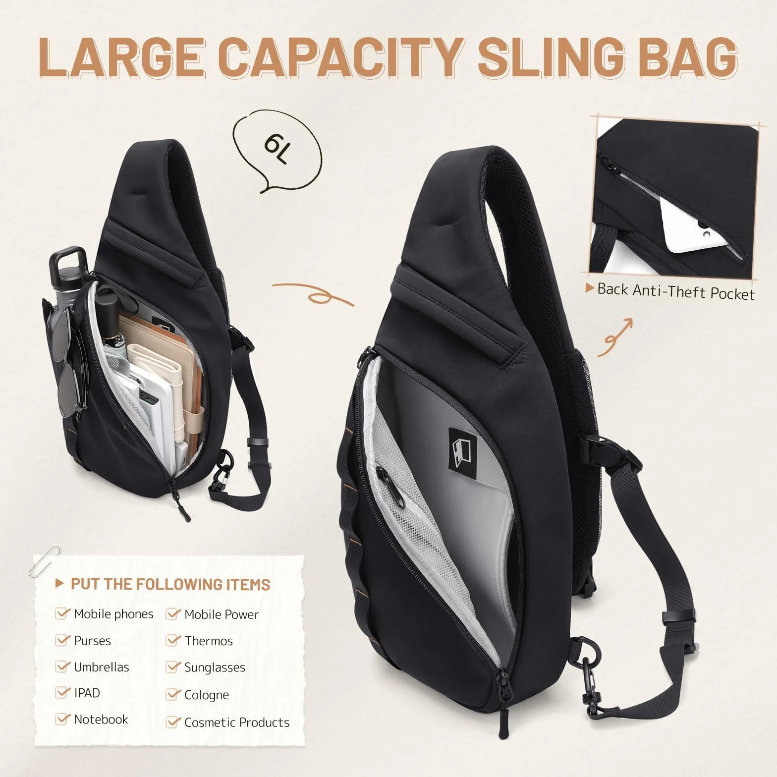 GOLF SUPAGS Zaino Monospalla Tattico Uomo Donna, Multifimzioni Zaini Petto, Leggero Borsa a Tracolla per Sport Viaggio Ciclismo Campeggio Escursionismo (Nero)