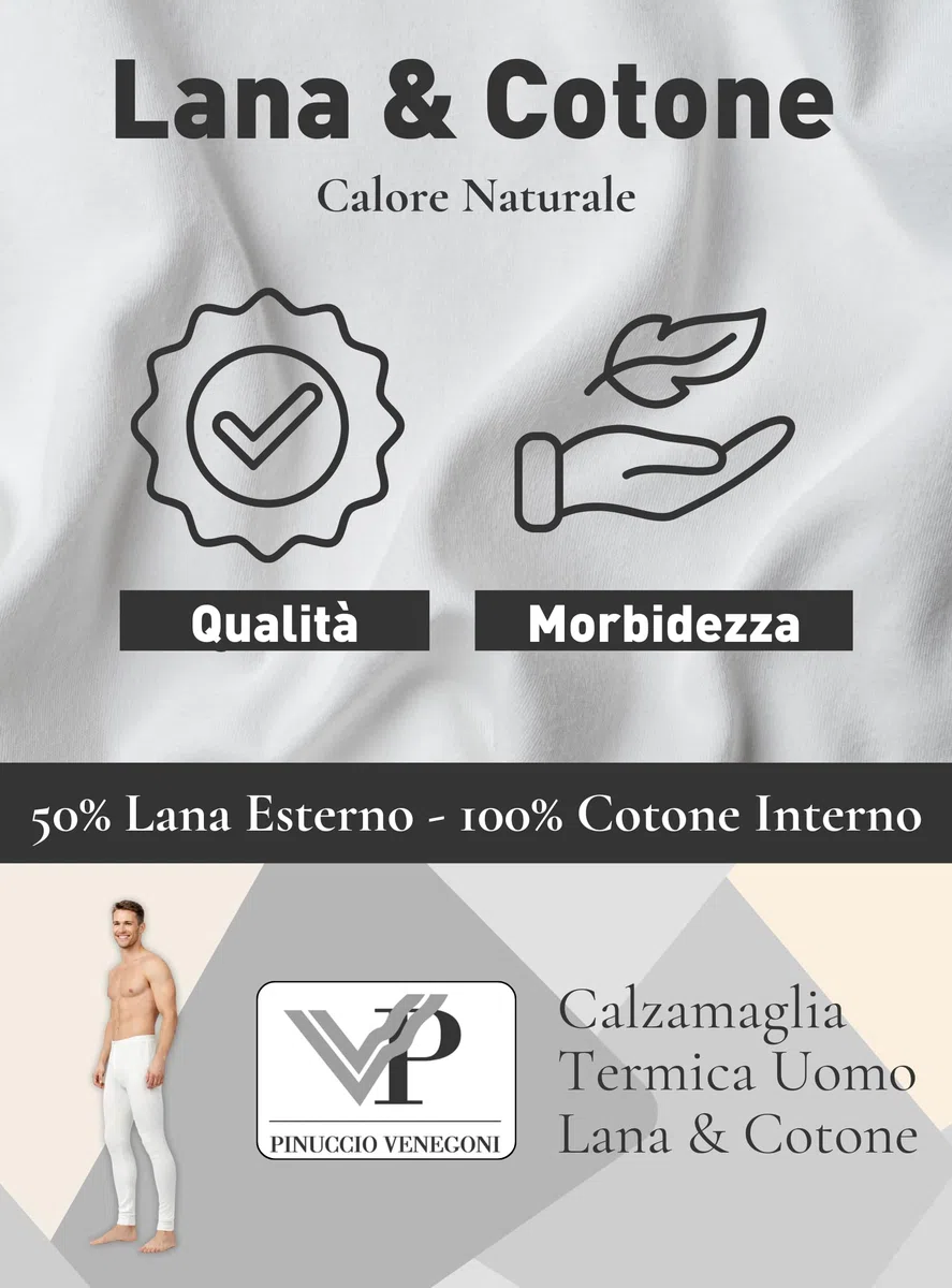 VP PINUCCIO VENEGONI Set 2 Mutande in Lana e Cotone | Calzamaglia Termica Uomo Made in Italy, Intimo Invernale con Polsino, Boxer Lunghi