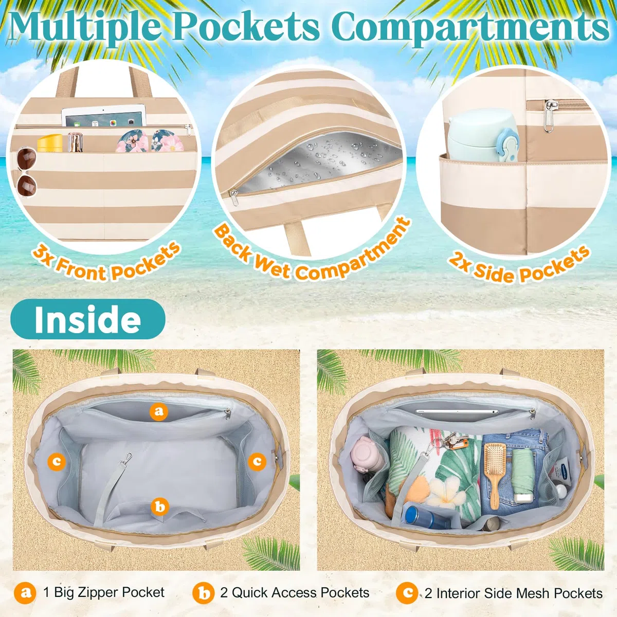 Borsa Spiaggia Donna Grande XXL Famiglia Borsa Mare Impermeabile Borsa Piscina Beach Tote Bag Pieghevole Borse da Viaggio Tracolla Borse da Spiaggia con Cerniera & Multicomparto