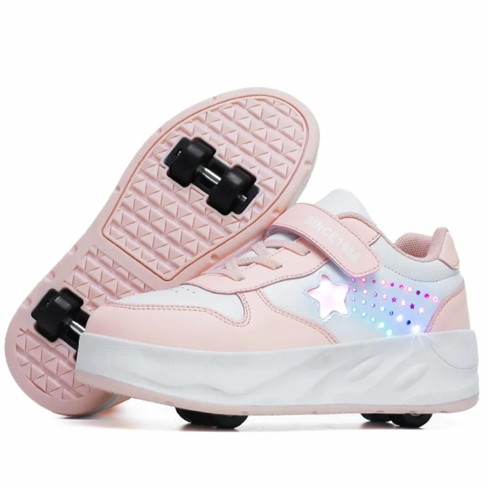 Mateju Scarpe con Rotelle per Bambini, Scarpe da Skateboard Sportive all'aperto 2 in 1 con 4 Ruote Rimovibili, Scarpe da Ginnastica Stella Lucide Pattini Unisex Sneakers Moda