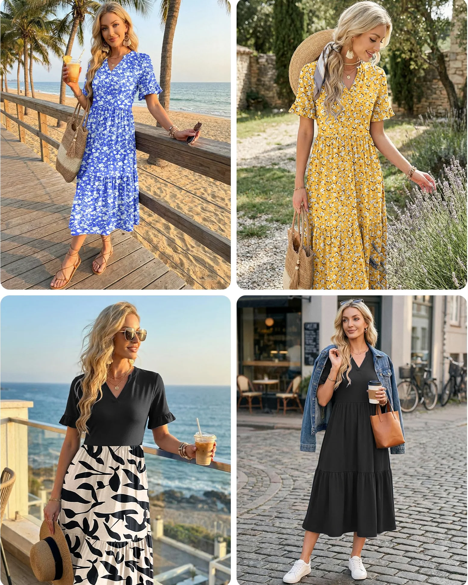 AUSELILY Vestito Donna Estivo Lungo Manica Corta a Volant Scollo V Vestito da Mare Spiaggia Lungo Abito Casual Elegante con Tasche