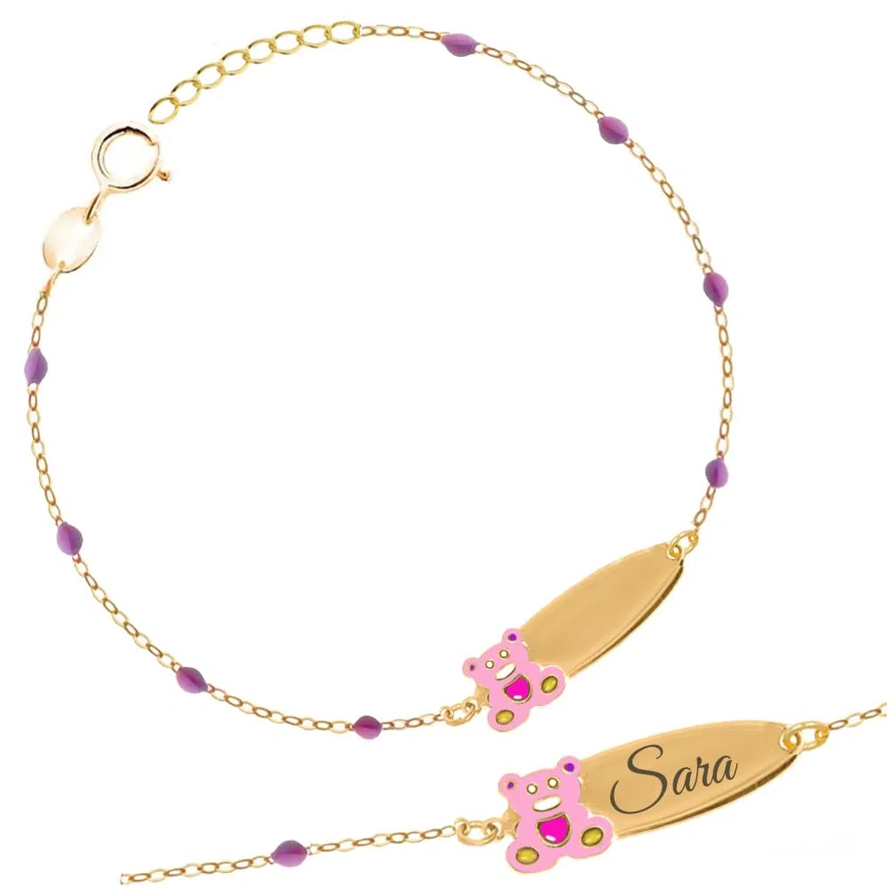 Sakrami Bracciale Rosary in Argento 925 con Orsetto Teddy Smaltato e Piastrina Incidibile per Bambini Kids Collection Regalo Personalizzato - Braccialetto per Nascita Comunione Battesimo Compleanno