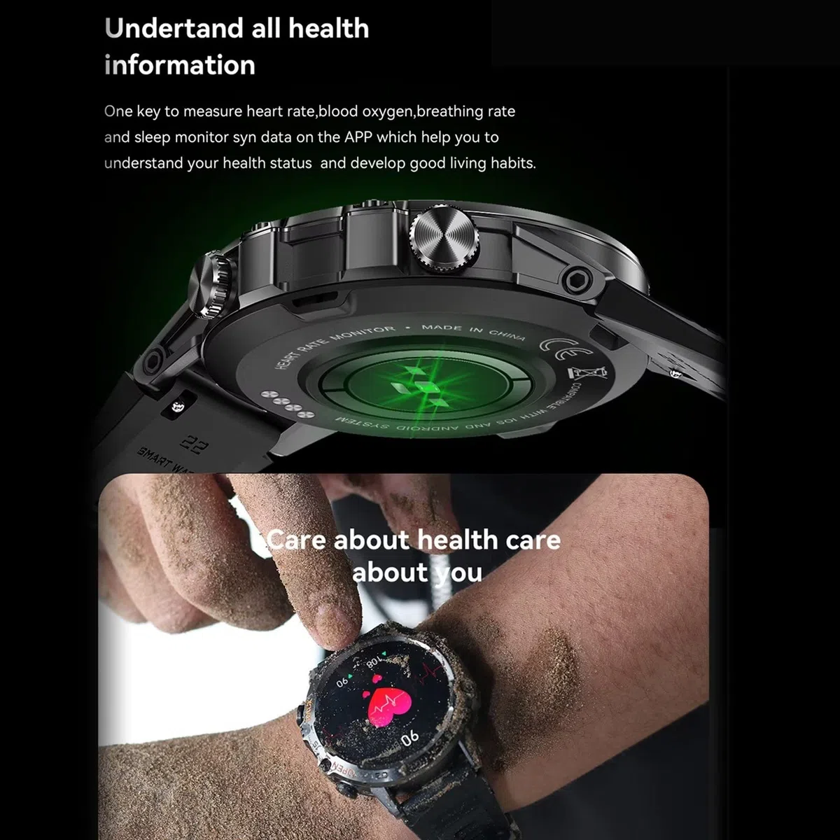 Smart Watch, smartwatch militare Bluetooth da uomo, oltre 100 modalità sportive, alla moda, per fitness, frequenza cardiaca, pressione sanguigna, monitoraggio dell'ossigeno nel sangue,