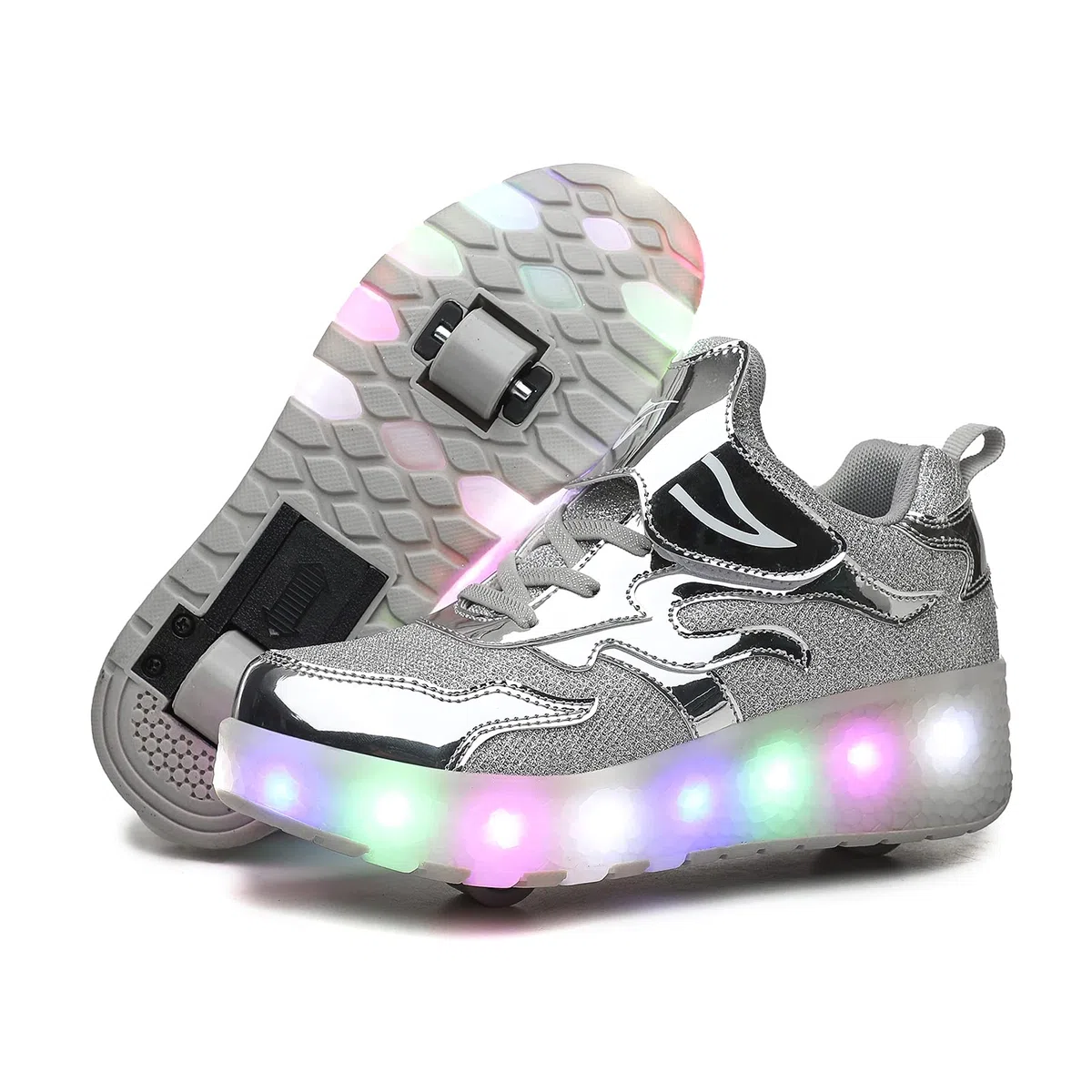 USB Ricarica LED Luci Brillantini Skateboard Scarpe Sportive con Rotelle Retrattile Sneakers Outdoor Multisport Luminose Running Calzature da Ginnastica per Bambini Ragazze e Ragazzi
