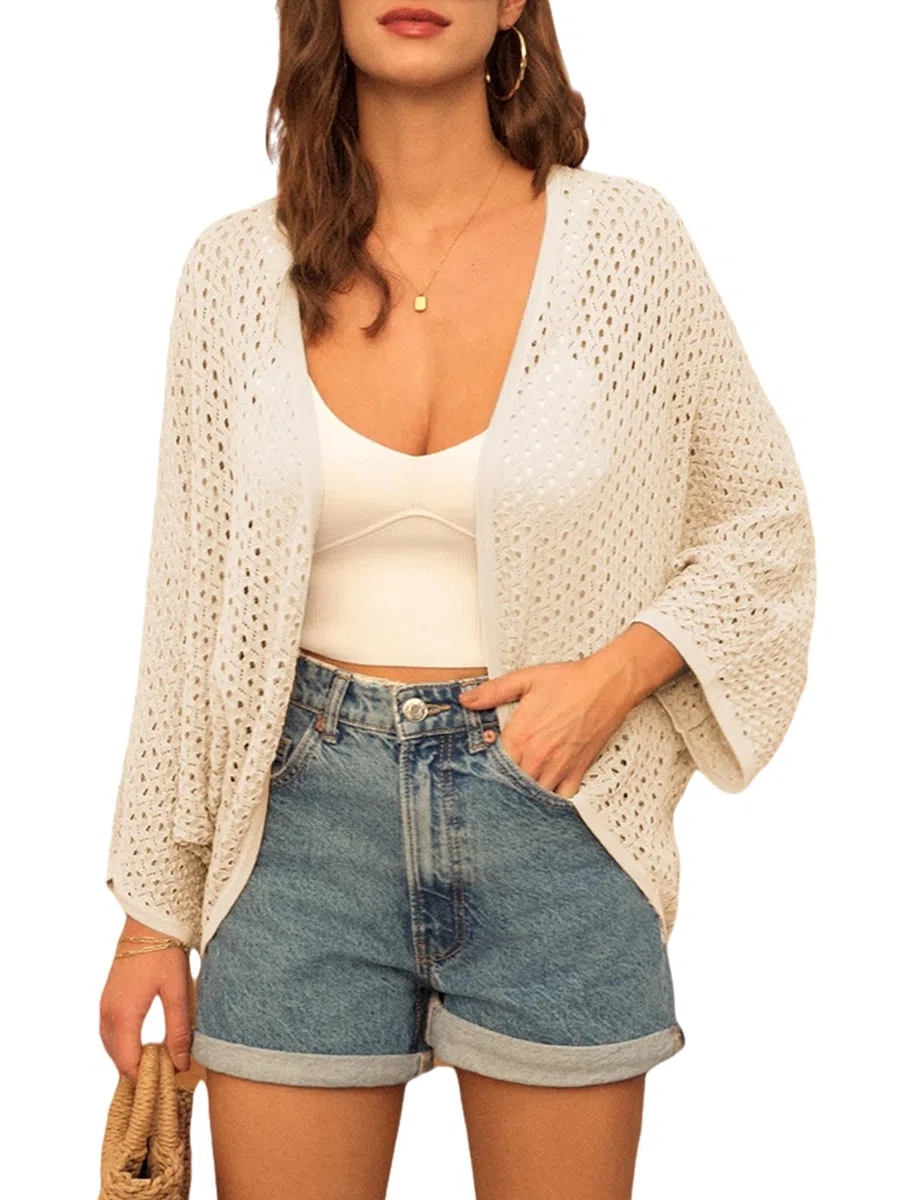 GRACE KARIN Cardigan aperto sul davanti con maniche a 3/4 a pipistrello per le donne leggero cardigan estivo all'uncinetto scavato