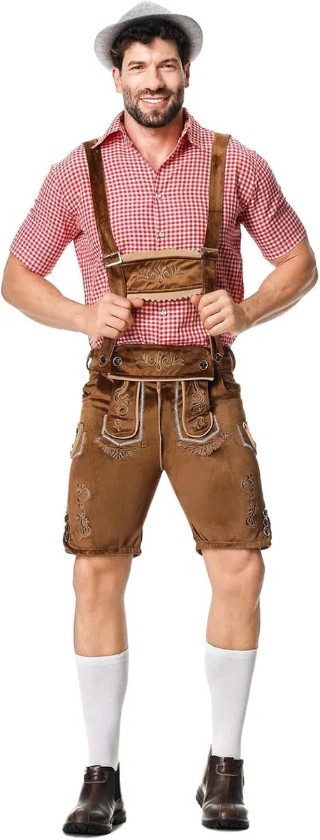 Lederhosen - Set costume da uomo per Oktoberfest, completo camicia tradizionale a quadri, salopette bavarese