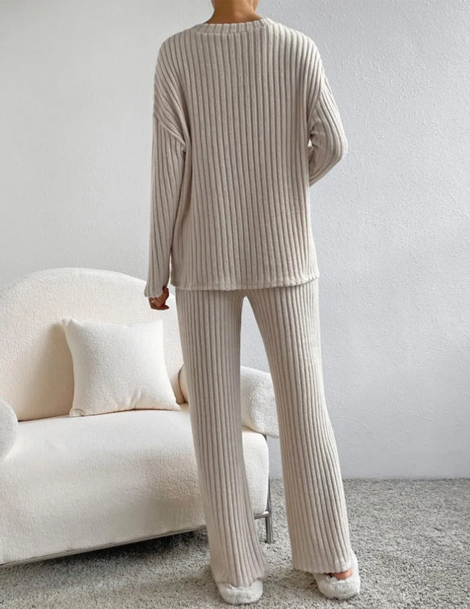 Donna Completo Tuta 2 Pezzi Completo a Maniche Lunghe Maglia Comode Pantaloni Dritti con Scollo a V Tuta Autunno Inverno