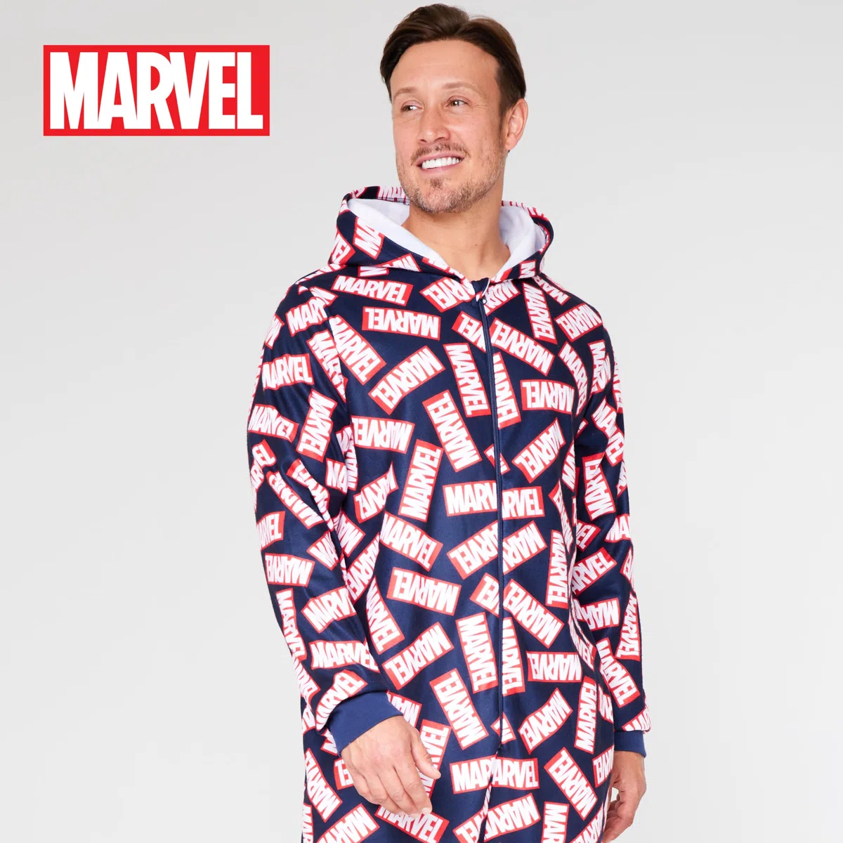 Marvel Pigiama Intero Uomo - Caldo Pigiamone in Pile con Cappuccio e Zip S-2XL - Pigiami Invernali Interi Avengers Gadget Regalo