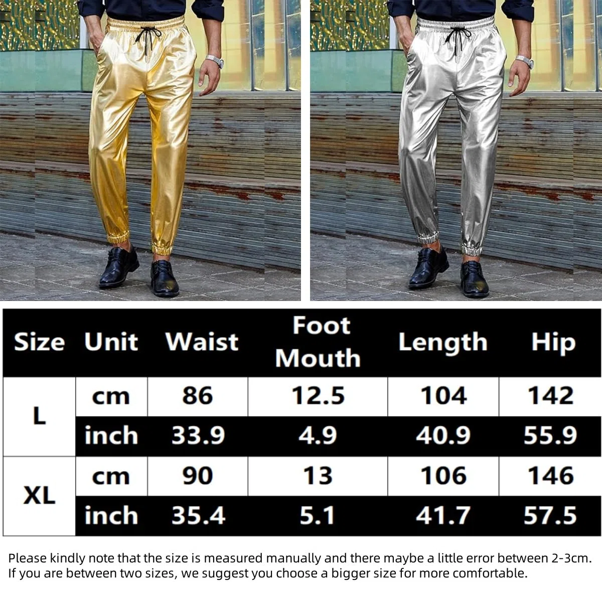 Pantaloni lucidi da uomo, pantaloni da discoteca con coulisse in vita metallizzata con tasche, vita media, in finta pelle, ologramma, hip hop, pantaloni elastici a lunghezza intera, look bagnato, per
