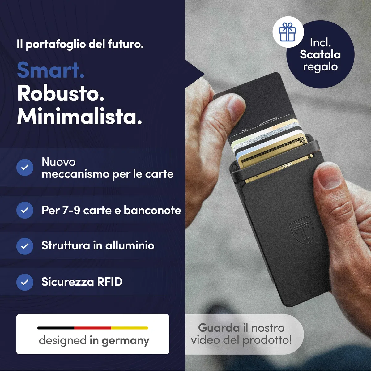 TRAVANDO SLYDE portacarte in alluminio con protezione RFID – porta carte con fermasoldi per 9 carte – astuccio per carte di credito, portafoglio da uomo, slim wallet (8-9 Carte)