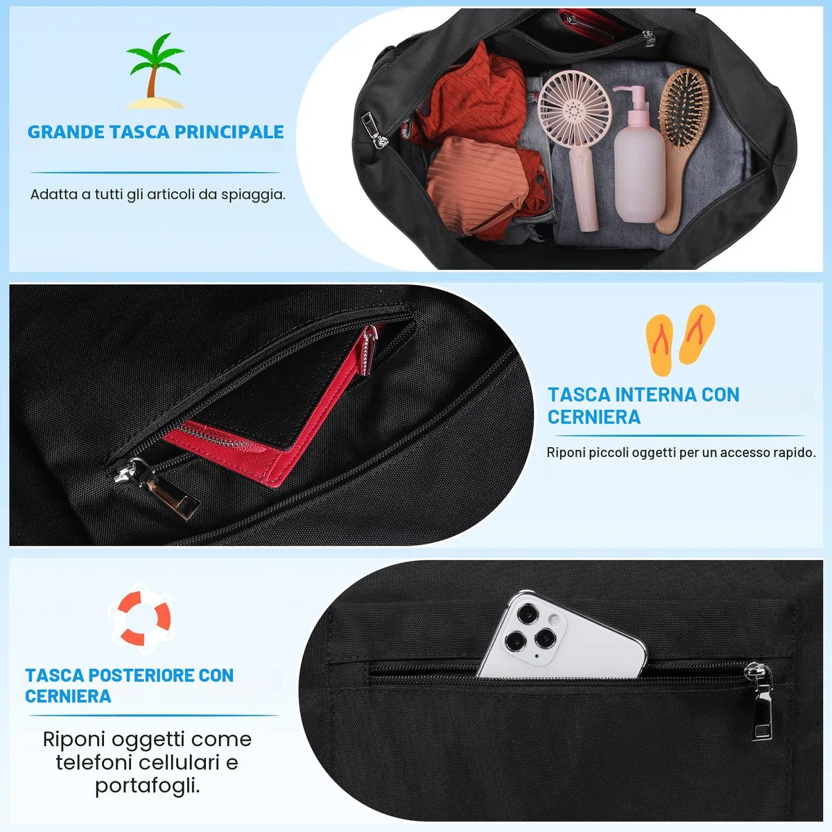IGOLUMON Borsa Mare Donna Grande XXL Famiglia Borsa Spiaggia con Cerniera Capacità 40L Pieghevole Borse Tote per Mare Viaggio Shopping Nero