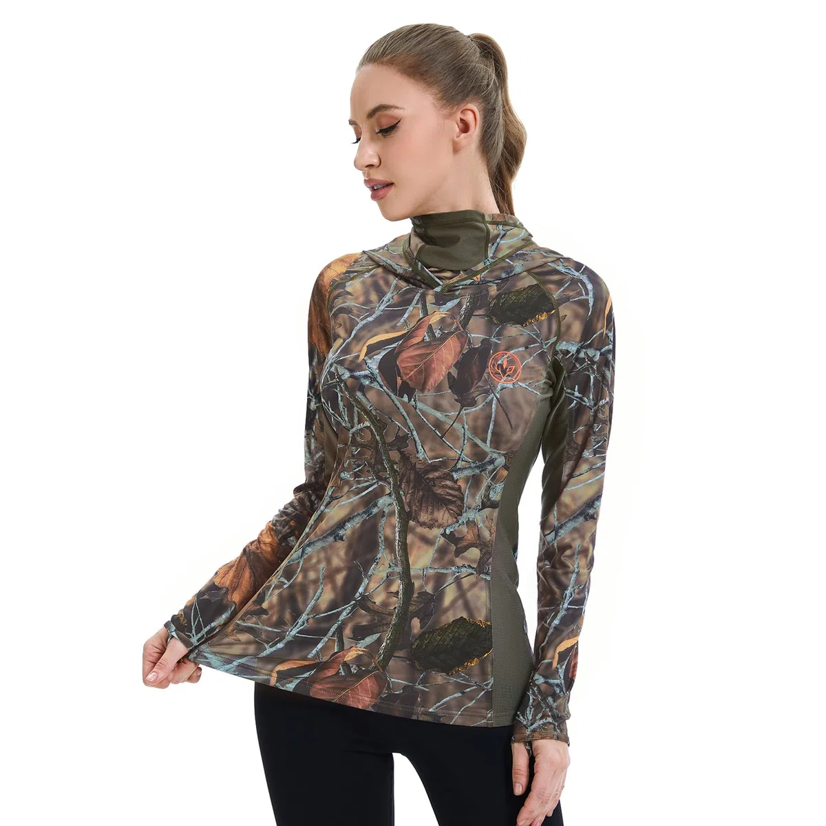 BASSDASH Felpa con cappuccio da donna UPF 50+ mimetica da caccia con ghetta per il collo, traspirante, a maniche lunghe, da pesca, FS03W