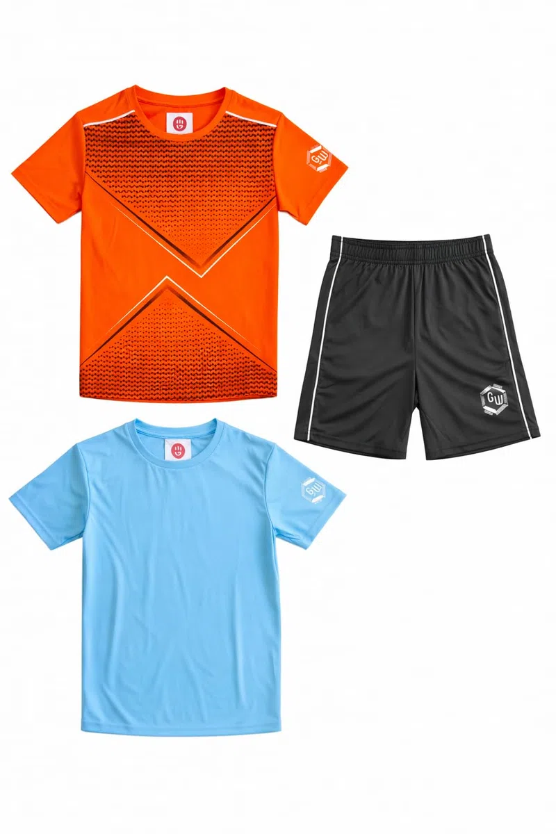 Set sportivo per bambini in 3 pezzi, tuta, 2 maglietta a maniche corte e 1 pantaloncini da 6 a 14 anni