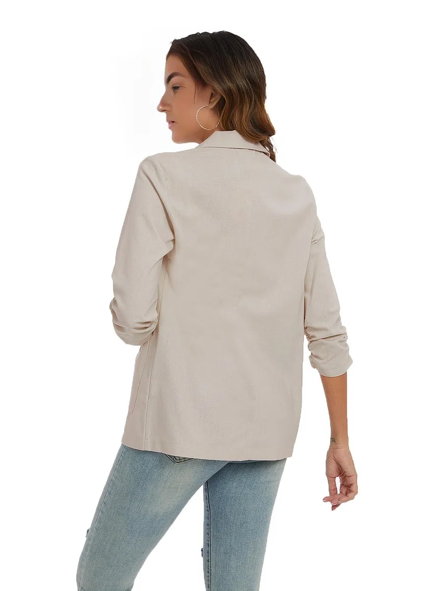 Blazer da donna a 3/4 con maniche increspate in cotone e lino, leggero, estivo, giacche eleganti con tasche con bottoni