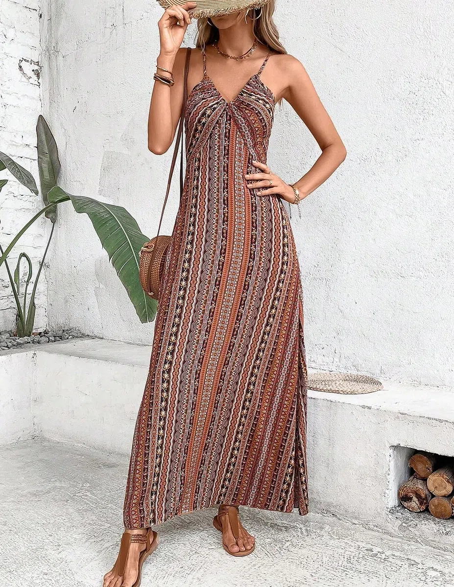 Donna Vestiti Scollo a V Elegante Senza Mance Stile Etnico Abito Bohème Casual Maxi Vestiti da Spiaggia Primavera Estate