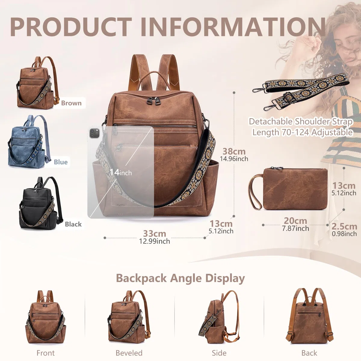 Zaino Donna Elegante in Pelle, Borsa Antifurto Impermeabile Daypack Moderno per Viaggio, Lavoro, Scuola - Cuoio con Tasche Multiple