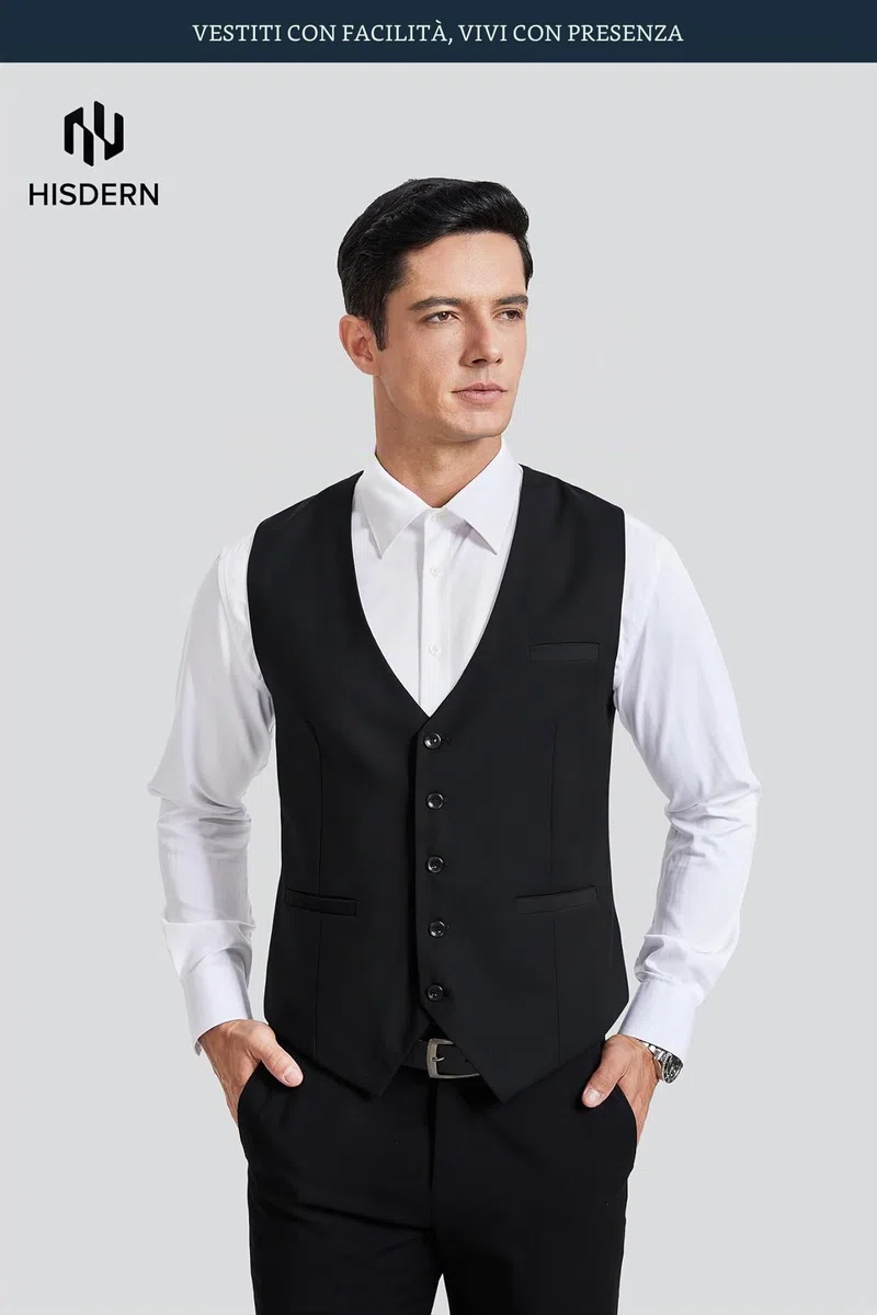 HISDERN - Gilet da uomo in cotone tinta unita, per feste di nozze e occasioni formali