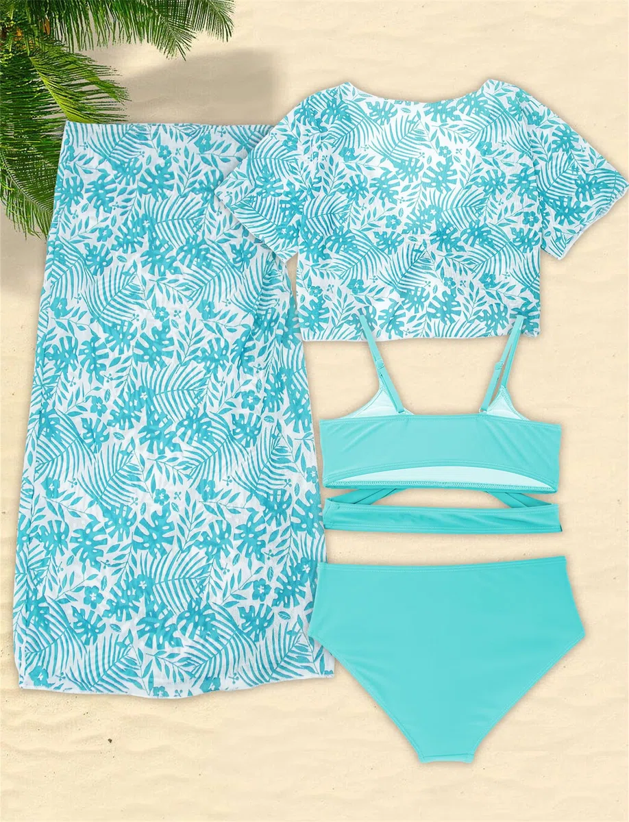 AIEOE Set 4 Pezzi Tie-Dye Costume Nuoto Ragazze Bambine Bikini Protezione Solare Set Swimwear con Gonna Lunga 8-12 Anni