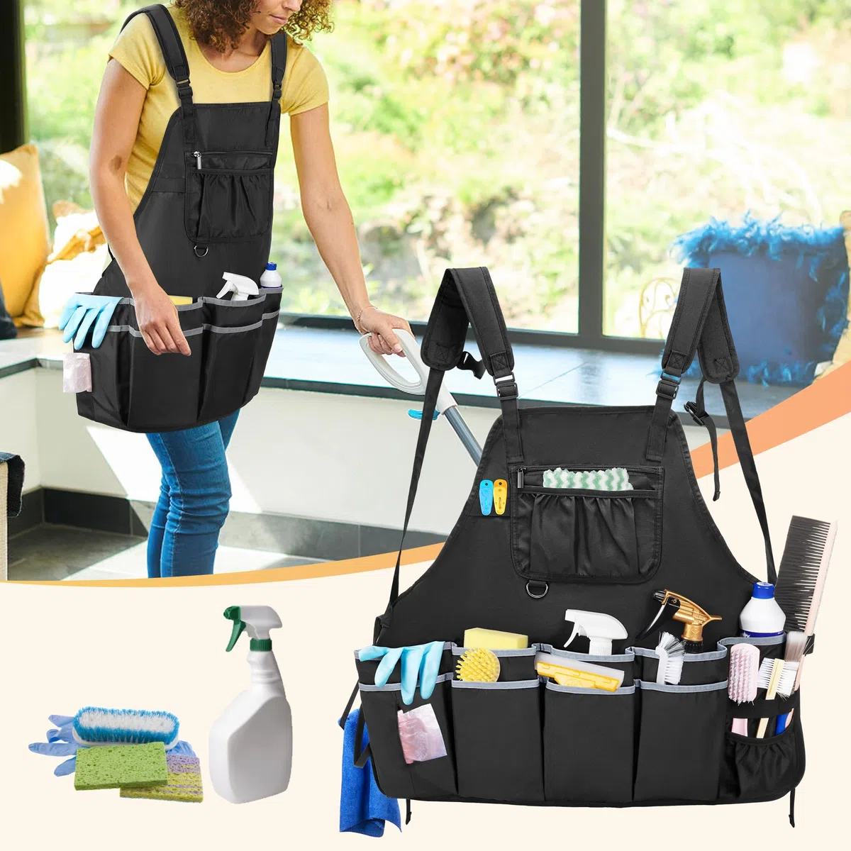HODRANT Grembiule Grande per la Pulizia con Doppia Tracolla, Grembiule da Lavoro con Tasche per la Pulizia di Forniture Aziendali, Della Casa per Donne e Uomini (Solo Grembiule)