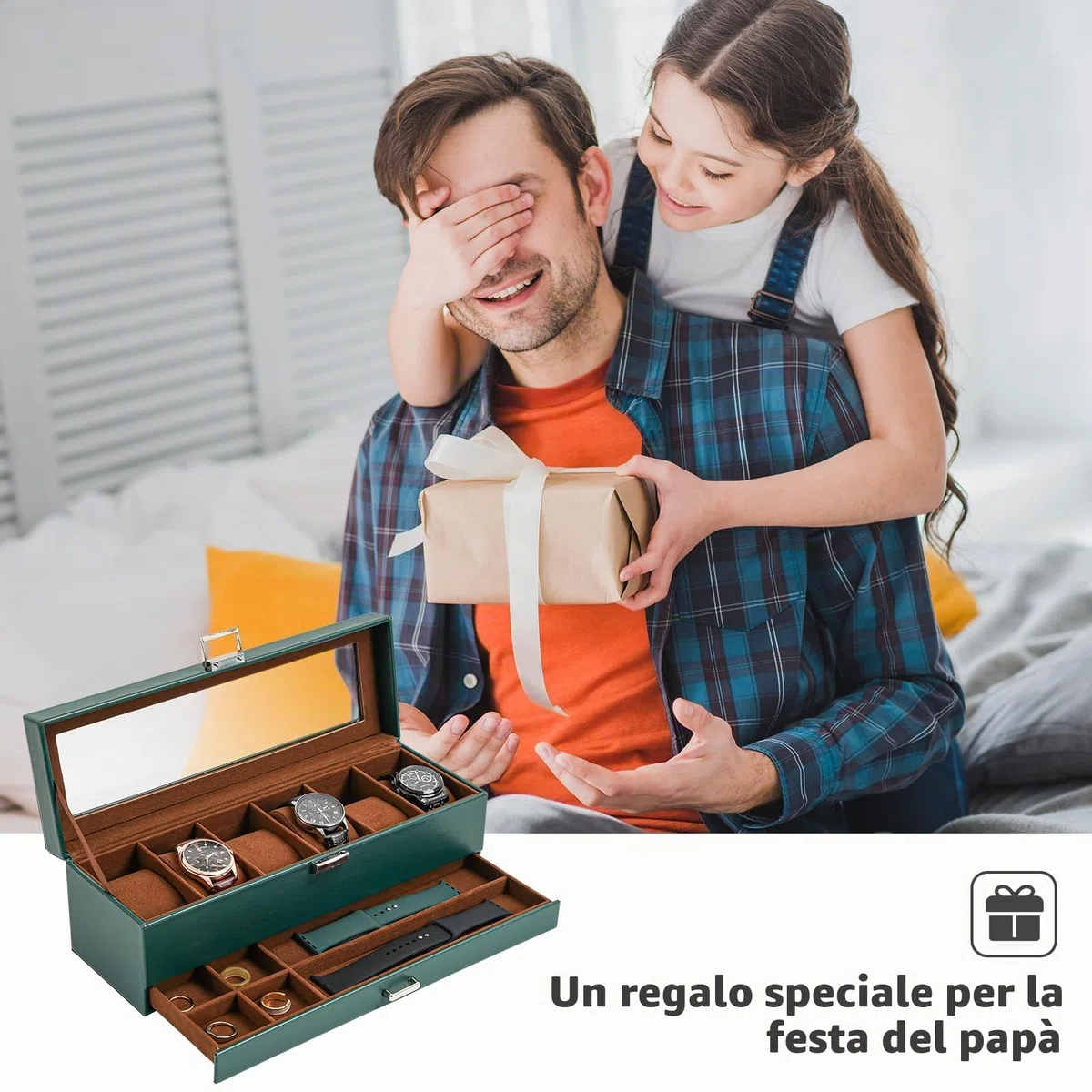 ProCase Scatola per orologi con 6 scomparti, con coperchio in vetro, 2 livelli, con cuscino rimovibile, per gioielli, anelli, bracciali e collane, colore verde