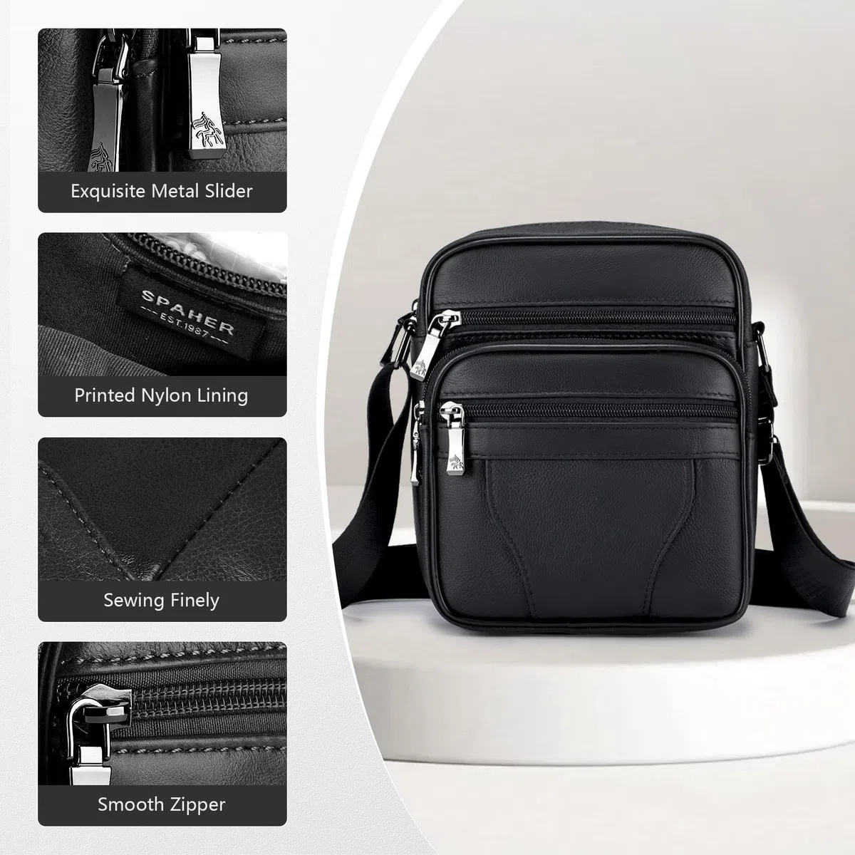 SPAHER Borsello Uomo Tracolla Pelle Borsa a Tracolla Casual Borsa a Spalla da Uomo Borselli da Lavoro Piccolo Messenger Bag per Ufficio/Vita Quotidiana, Idea Regalo per festa del papà, Nero