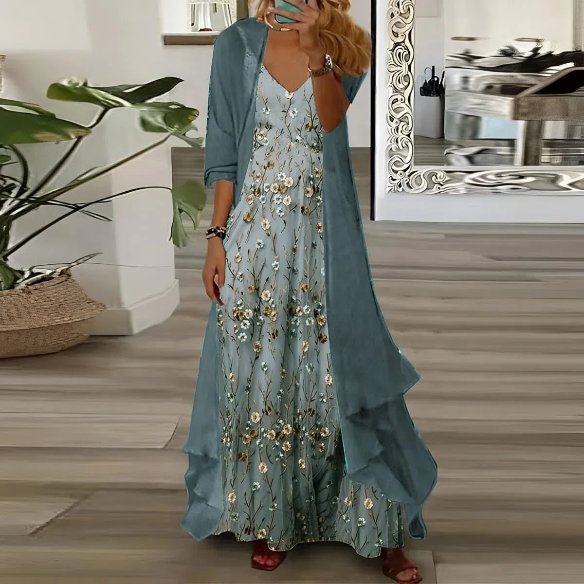 Donna Casual 2 Pezzi Set Boho Floreale Stampa Maxi Abito con Cardigan Fluido Chiffon Abiti da Sposa per le Donne